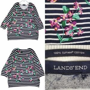 Lands End Sweater Supima Cotton Navy Blue Striped Floral Womens Plus Size 3X